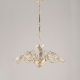 [BL179-5-AV] Lampadario in ferro Avorio Oro Vetri Bianchi Ambra cinque luci 73x h43 cm