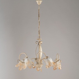 [BL211-5-AV] Lampadario in ferro Avorio Oro cinque luci paralumi in vetro Bianco Ambra 64x h45 cm