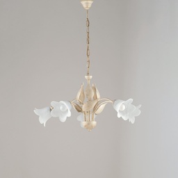 [BL155-5-AV] Lampadario in ferro Avorio Oro cinque luci vetri Alabastro Bianchi 68x h43 cm