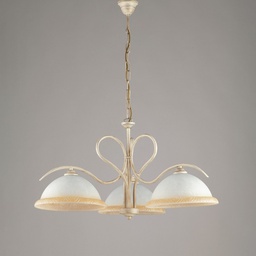 [BL142-3-AV] Lampadario in ferro Avorio Oro tre luci vetri Bianchi e Ambra 68x h43 cm
