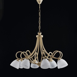 [BL217-8-AV] Lampadario in ferro Avorio decape otto luci paralumi in vetro Alabastro bianchi 81x h55 cm