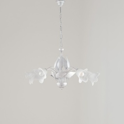 [BL155-5-BA] Lampadario in ferro Bianco Argento cinque luci vetri Alabastro Bianchi 68x h43 cm