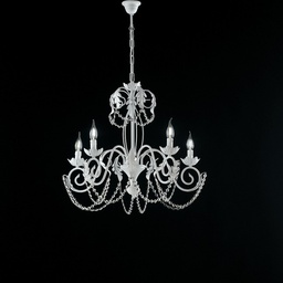 [BL77-5-BCO] Lampadario in ferro Bianco Shabby strass damasco cinque luci 63x h65 cm