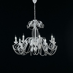 [BL77-8-BCO] Lampadario in ferro Bianco Shabby strass damasco otto luci 90x h70 cm