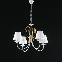 [BL139-4-BO-PAR] Lampadario in ferro Bianco shabby Oro paralumi Bianchi quattro luci 71x h47 cm