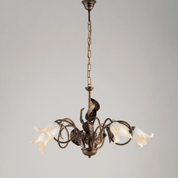 [BL179-5-BR] Lampadario in ferro Marrone Oro Vetri Bianchi Ambra cinque luci 73x h43 cm