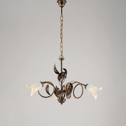 [BL179-3-BR] Lampadario in ferro Marrone Oro Vetri Bianchi Ambra tre luci 58x h43 cm