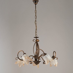 [BL211-5-BR] Lampadario in ferro Marrone Oro cinque luci paralumi in vetro Bianco Ambra 64x h45 cm