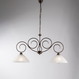 [BL255-2-BR] Lampadario in ferro Marrone Oro due luci paralumi in vetro Alabastro Bianco 99x h52 cm