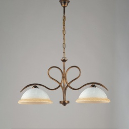 [BL142-2-BR] Lampadario in ferro Marrone Oro due luci vetri Bianchi e Ambra 79x h43 cm