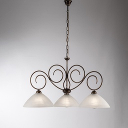 [BL255-3-BR] Lampadario in ferro Marrone Oro tre luci paralumi in vetro Alabastro Bianco 78x h54 cm