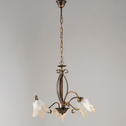 [BL211-3-BR] Lampadario in ferro Marrone Oro tre luci paralumi in vetro Bianco Ambra 51x h43 cm