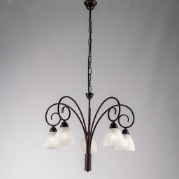 [BL241-5-RG] Lampadario in ferro Nero Ruggine paralumi in vetro Bianco cinque luci 57x h50 cm
