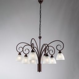 [BL241-8-RG] Lampadario in ferro Nero Ruggine paralumi in vetro Bianco otto luci 81x h58 cm