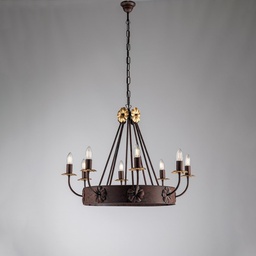 [BL228-8-RG] Lampadario in ferro Nero Ruggine rifinitura Oro impero otto luci 76x h57 cm