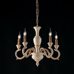 [BL172-5-AV] Lampadario in legno Avorio e Foglia Oro cinque luci 50x h50 cm