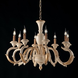 [BL172-8-AV] Lampadario in legno Avorio e Foglia Oro otto luci 93x h65 cm