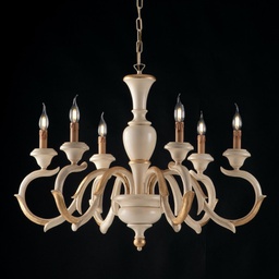 [BL172-6-AV] Lampadario in legno Avorio e Foglia Oro sei luci 91x h65 cm