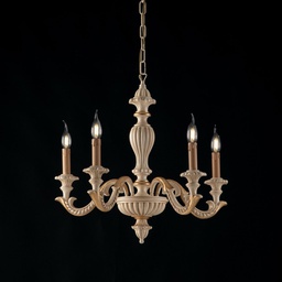 [BL180-5-AV] Lampadario in legno Avorio e foglia Oro cinque luci 53x h57 cm