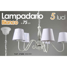 [GIC674686] Lampadario shabby bianco con 5 paralumi tessuto cm 75