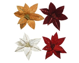 [20102591] Poinsettia su clip in poliestere con spangole di velluto a 4 colori assortiti 5 x 32 cm