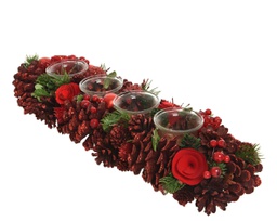 [20102587] Portacandele a forma di pigna rettangolare con bacche verdi pino palline fiori di legno 4 portacandele in vetro 15 x 45 x 9 cm