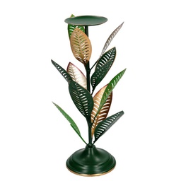 [V6115050000] Portacandele metallo verde oro foglie 1p cmø21h38