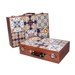 [V5925590000] Scatola valigia legno 1-2 blu bordo marrone cm 34x9